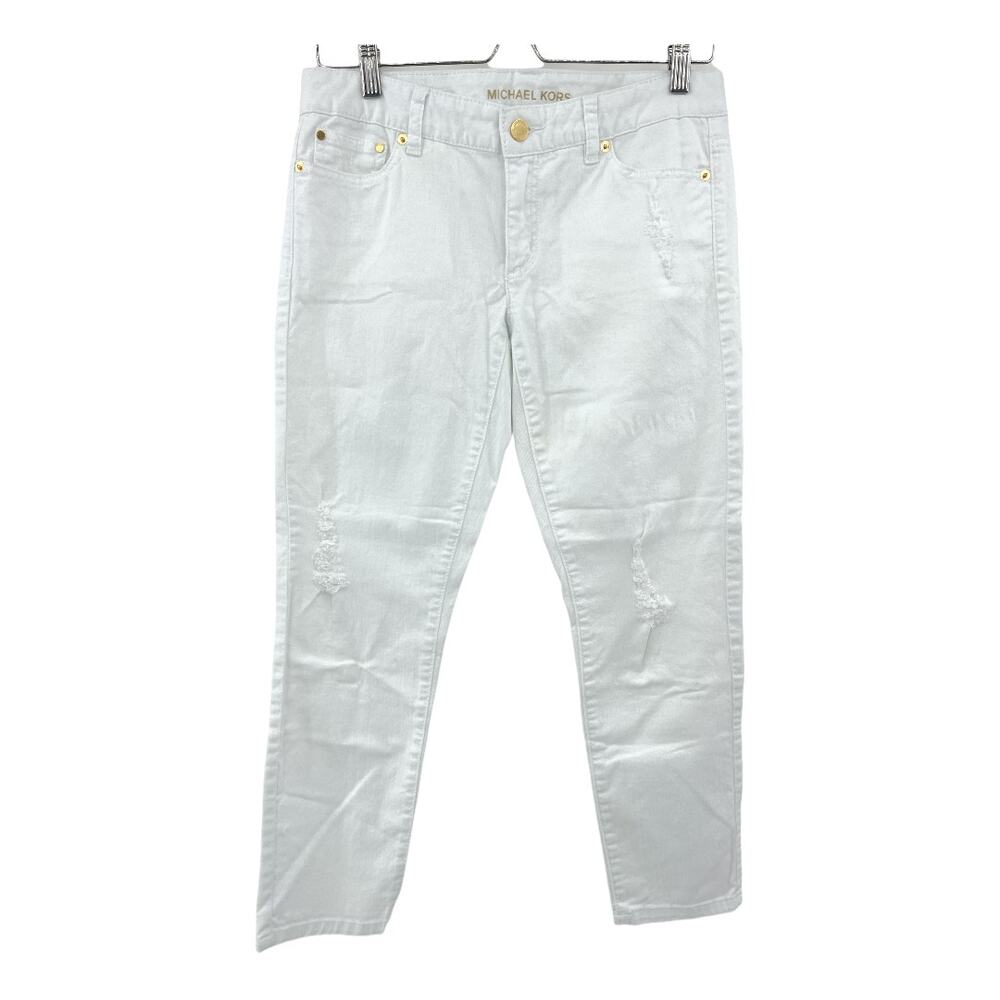 Michael Kors US 4 Womens White Distressed Low Rise Izzy Cropped Skinny Jeans